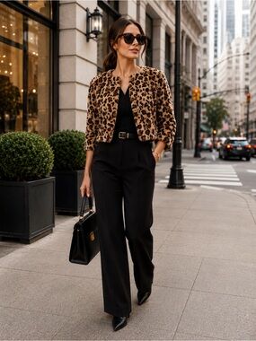 CALVIN KLEIN Women's Tan Black Brown Leopard Faux Fur Bolero Shrug Jacket S NEW